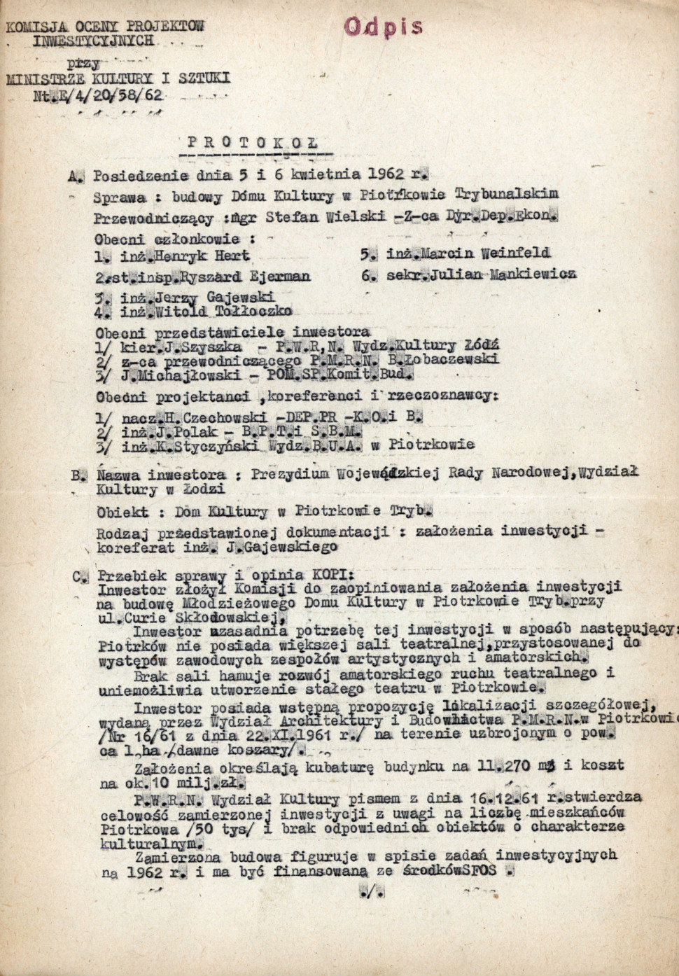 Protokół Komisji Oceny Projektów Inwestycyjnych,   Prezydium Miejskiej Rady Narodowej zespół nr 199,   dokumentacja techniczna sygn. 946